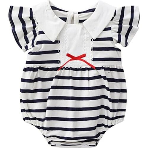 Summer Striped Baby Bodysuit Cotton Sailor Collar Ruffles Infant Jumpsuits Newborn Clothes 0-18M