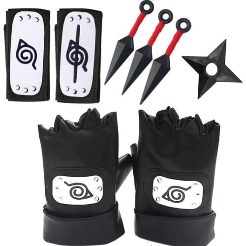 Naruto Weapons Kunai Gloves PU Headband Cosplay Set Toy Uchiha Kakashi Anime Figure Ninja Prop Apparel Accessories Cool Kid Gift