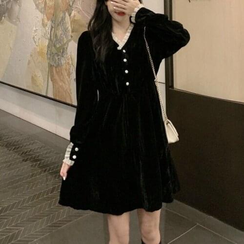Dress womens French little black dress, fishtail ladies were thin, strap skirt dress spring and autumn Button Preppy Style
