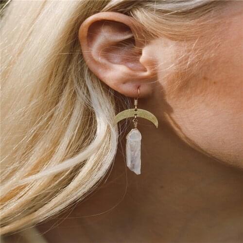 White Aura Quartz Crystal Celestial Moon Earrings, White Gemstone Boho Earrings, Crystal Point Minimalist Dangle Earrings