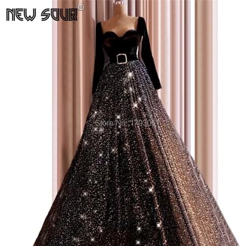 Bling A Line Prom Dresses Long Sleeves Luxury Formal Evening Dress For Arabic Dubai Vestido De Festa Middle East Party Gown 2019