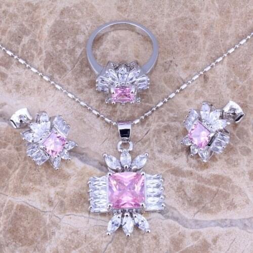 Stylish Pink White CZ Silver Plated Jewelry Sets Earrings Pendant Ring Size 6.5 - 9 S0111