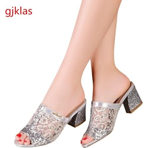 Size 41 Bling Kitten Heels Women Slippers Sandals Summer Shoes for Women Silver Gold Heels Trending Ladies Shoes Sexy Sandals