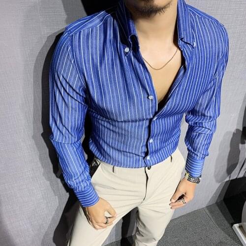 Spring Autumn Shirt Men Deep V-Neck Long Sleeve Irregular Stripe Shirt Casual Dress Fashion Streetwear Camisa Social Masculina