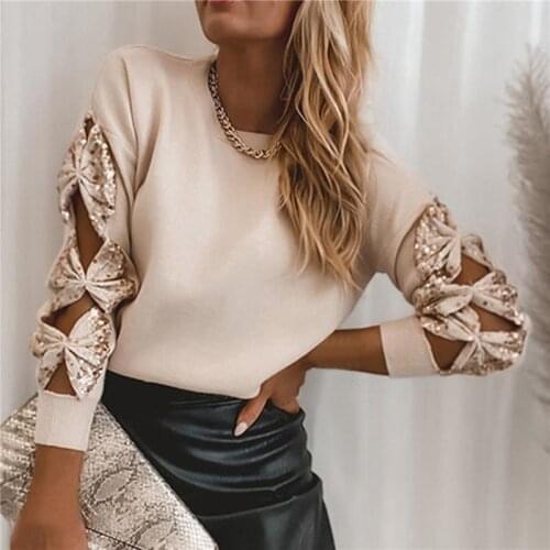 2021 Spring Women Fashion Sequin Patchwork Tops Elegant Hollow Out Bow Long Sleeve Blouse Shirt Office Lady Casual Knit Pullover