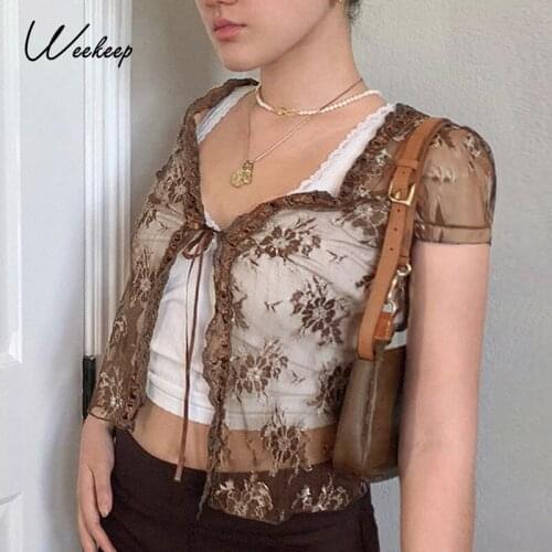 Weekeep Sexy Mesh Transparent Tshirt Women Ruffle Rave Party Lace Up Cardigan Top Streetwear Summer y2k Aesthetic Tee Shirt 2021