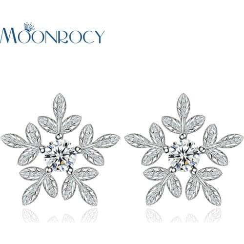 MOONROCY Drop Shipping Fashion Silver Color Cubic Zirconia Flower Leaf Snow Flower Crystal Earrings Stud Gift for Women