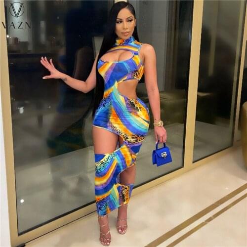 VAZN 2021 New Fashion Hot Sale Women Sexy Beach Style Long Dresses Sleeveless High Neck Dew Back Printed Ankle-Length Dresses