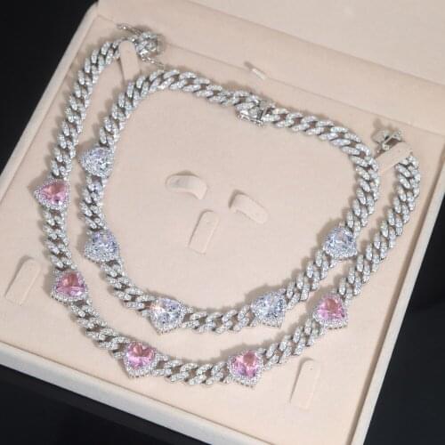 Iced Out Bling Women Lady Jewelry Fashion 12mm 5A CZ Cuban Link Chain White Pink Heart Charm Choker Necklace 16"