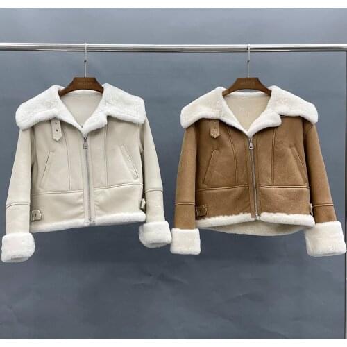 Womens Winter Sheepskin Coat Fashion Casual Warm Luxury Genuine Leather Jacket Short Real Fur Coat Beige 2021