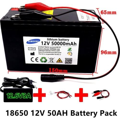 12V 50Ah 50000mAh 18650 lithium battery pack built-in high current 30A BMS for sprayers, electric vehicle batterie+12.6V Charger