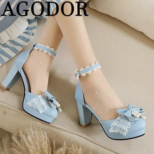 AGODOR 2021 Lolita Pumps Women Block Heel Lace Dorsay Pumps Platform Cute Kawaii Ladies Pumps Shoes with Bow Tie Ankle Strap