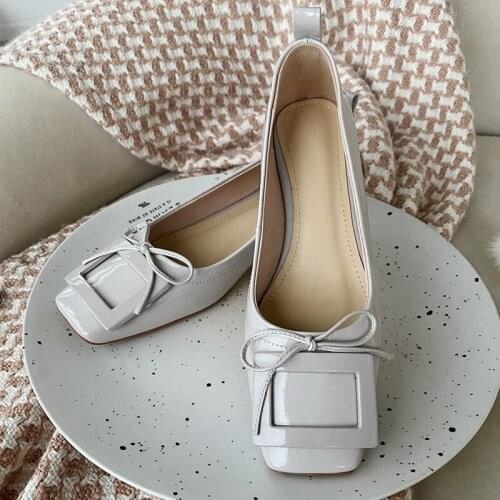 Womens genuine leather square toe big square toe buckle slip-on ballet flats bowtie korean style sweet ladies ballerinas shoes