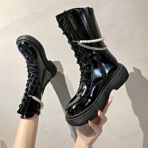 Women Gothic Ankle Boots Zip Punk Style Platform Shoes Goth Winter Lace-up Booties Chunky Heel Sexy Chain 2021