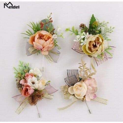 Meldel Groom Boutonniere Girl Wrist Corsage Artificial Rose Flower Wedding Corsage Flower Quality Man Suit Pins Party Decoration
