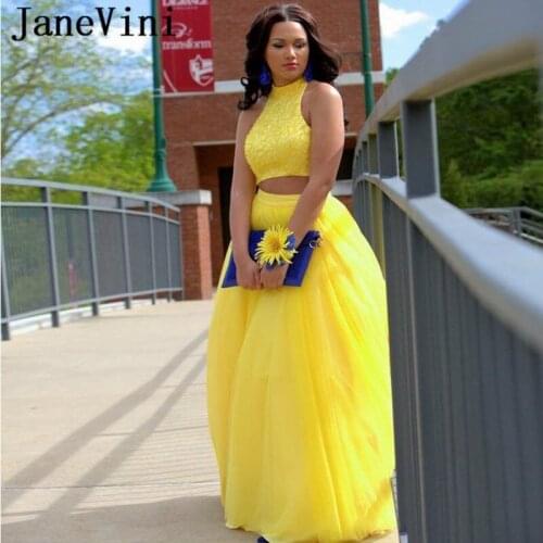 JaneVini Elegant Two Pieces Yellow Prom Dresses High Neck Heavy Beaded A Line Tulle Long Evening Party Gowns Vestidos Compridos