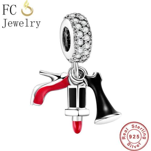 FC Jewelry Fit original Brand Charms Bracelet 925 Sterling Silver Coffee Cup Lipstick Gold Rose Bead Pendant Necklace Berloque