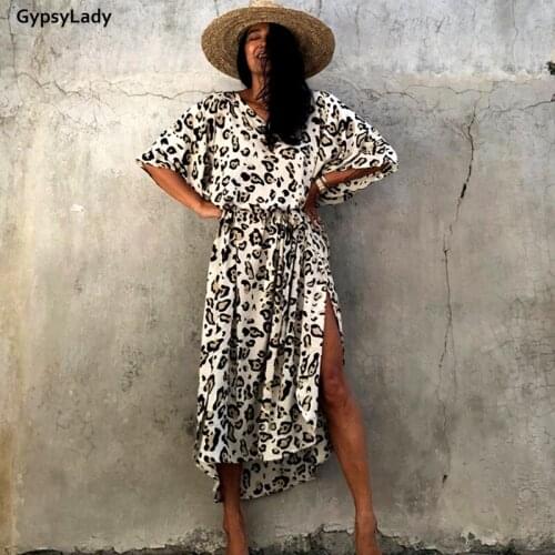 GypsyLady Leopard Print Maxi Dress Oversize Loose Boho Beach Holiday Dresses Tie Up Short Sleeve Tassels Sexy Ladies Dress New