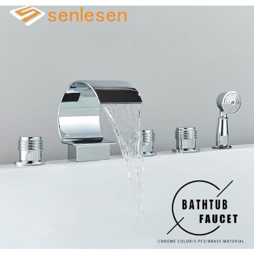 Senlesen Chrome Bathtub Shower Faucet 5 Pcs Hot and Cold Water Mixer Tap Crane Nordic Deck Mounted Bathroom Accessory