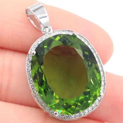 34x21mmInfinity Anniversary Big Gemstone 22x18mm Created Green Peridot CZ For Womans Engagement Silver Pendant Eye Catching