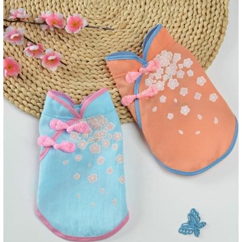 Beautiful Dog Cheongsam Printing Two-legged Cotton Adorable Puppy Tang Suit Dress for Party Festival Small Dogs Cats Clothes