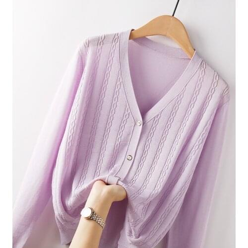 Lightweight Purple Knitted Women Sweater Cardigan Autumn New 2021 V-Neck Loose Long-Sleeved Solid Elegant Office Lady Outwears