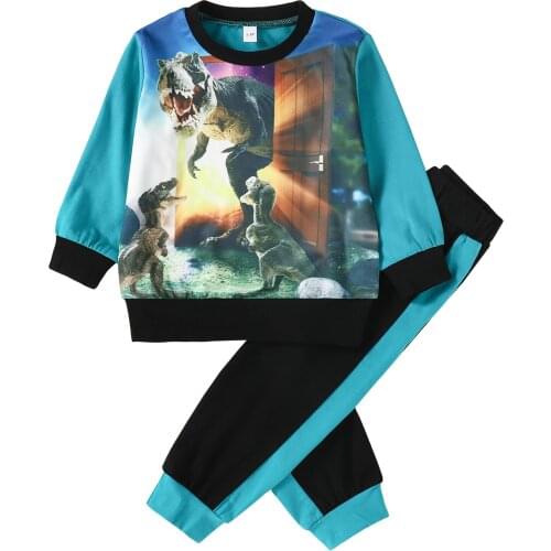 2021 1-6Y Toddler Baby Boy Clothing Long Sleeve 3D Dinosaur Print Tops Sweatshirt and Color Block Pants Set Fall Casual 2pcs