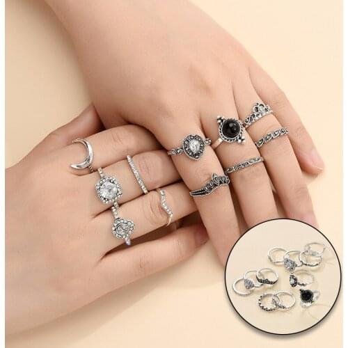11Pcs Ring Set Womens Fashion Crystal Hollow Geometric Leaf Crown Rhinestone Silver Color Ring Bohemian Retro Wedding Jewelry