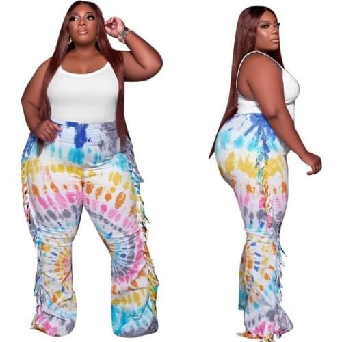 Fall Summer Plus Size 4XL 5XL Tie Dye Printed Pants High Waist Tassel Long Trousers Casual Female Jogger Sweatpants Clothes