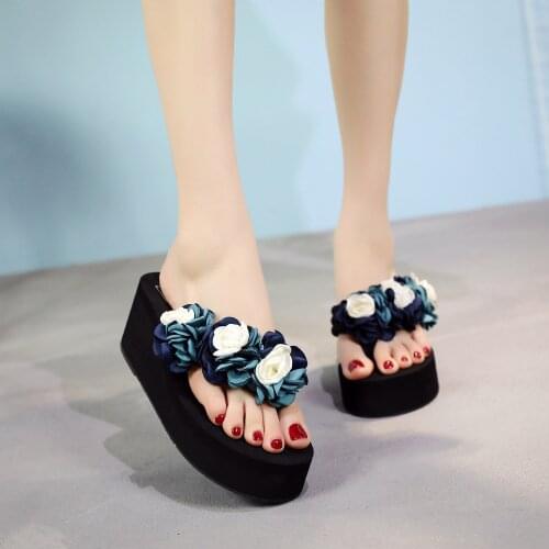 7 Cm High Heel Womens Bohemian Flip Flops Sandals Sponge Cake with Non-slip Clip Toe Home Slippers Wear-resistant Beach Shoes