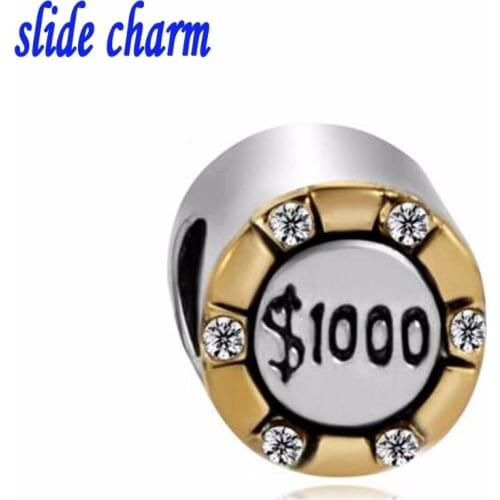 Slide charm Free shipping Casino gambling coin color beads fit Pandora bracelet Valentine Christmas Mothers Day gift