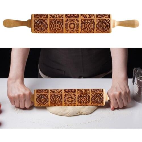 Christmas Embossing Engraved Rolling Pin Flower Wooden Embossing Cookie Fondant Roller Kitchen Baking Rolling Pin