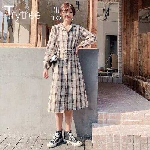 Trytree 2020 Spring Women Dress Casual Turn-down Collar Single Breasted Plaid A-line Belt Fashion Elegant Mid-Calf Dress