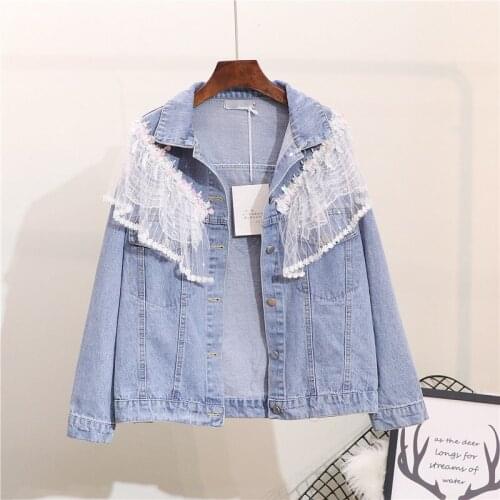 Casaco Feminino New Arrival Cotton Full Bomber Casaco Jeans Jacket Women 2019 New Personality Sequin Stitching Lace Loose Woman