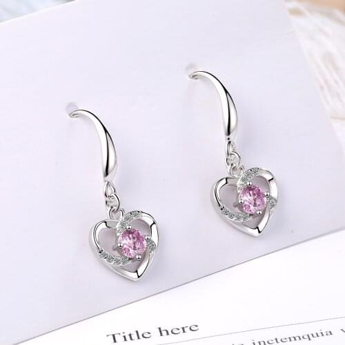 Classic 925 Silver Color Pink Love Heart Shaped Micro Pave Zircon Earrings for Women Pendientes Fashion Statement Bijoux