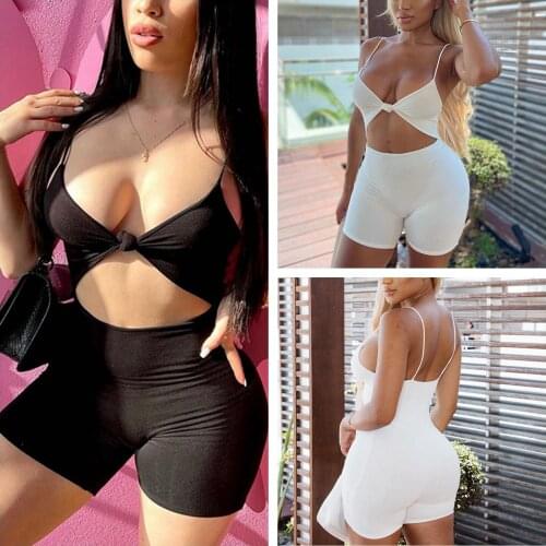 Women Close-fitting Casua Overalls, Solid Color Sexy Bodysuit Off-the-Shoulder Deep V-neck Sleeveless Playsuit, Black/ White