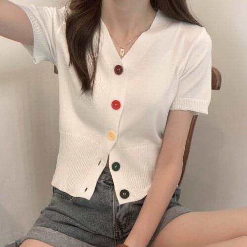 Harteen Korean Fashion Casual 2021 Summer New Color Buttons Slim V-Neck Short Sleeve Knit Sweater Basic Top Women Cardigan Mujer