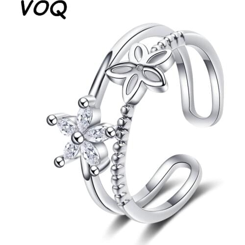 VOQ 925 Sterling Silver Ring Female Korean Version of Small Fresh Zircon Small Flowers Double Hollow Opening Ring Jewelry Gift