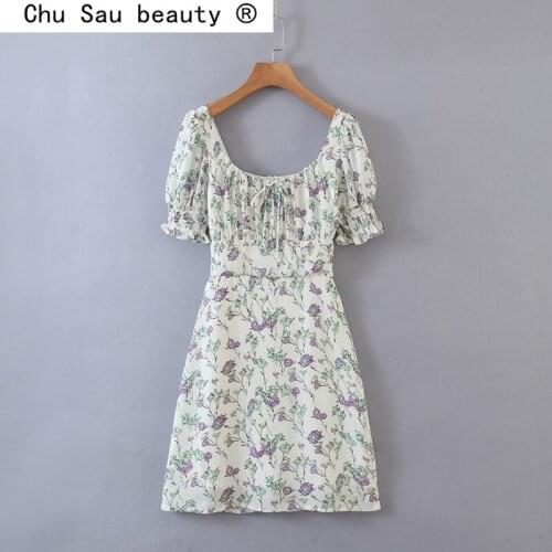 New Fashion French Style Floral Print Summer Midi Dress Women Sweet Chic Puff Sleeve Chiffon Dressses Female Vestidos