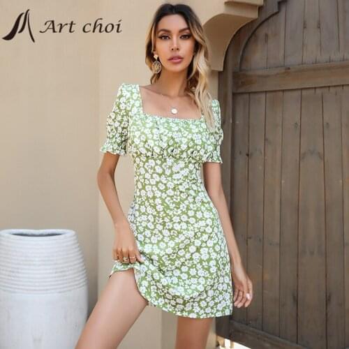 Elegant Women Mini Chiffon Floral Dress Skirt Summer A-Line Square Collar Shirring Work Office Ladies Bodycon Party Vestido