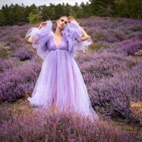 Lavander Tulle Photo Dresses Plus Size Puffy Sleeves V Neck See Thru Ruffles Pleated Custom Made Women Maternity Gowns