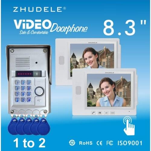 ZHUDELE Home Security Intercom System Kits 2X8.3"Video Door Phone+1 CCD Camera,Waterproof Cover Password&Inductive Card Unlock