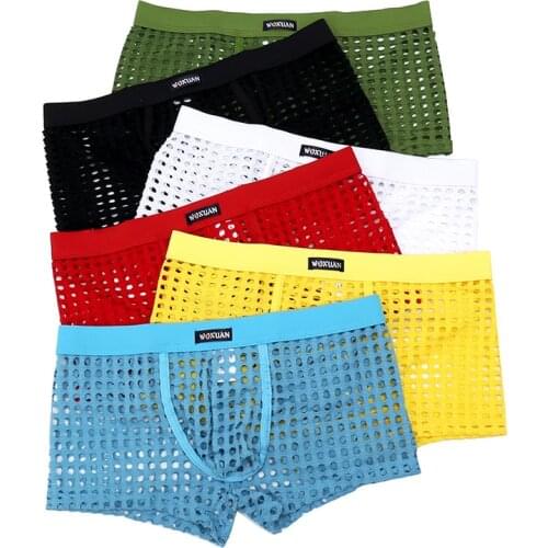 2PCS/Lots Men Mesh Boxer Shorts Fishnet Hollow Out Transparent Lingerie Underwear Sexy Bugle Pouch Trunks Boxershorts Underpants