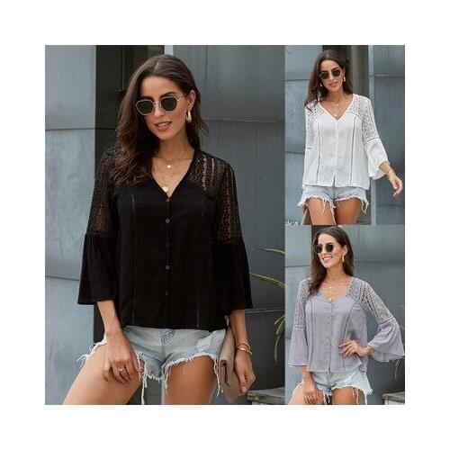 2020 Womens Lace Crochet V Neck Bell Sleeve Button Down Shirts Casual Loose Blouses Tops S-2XL