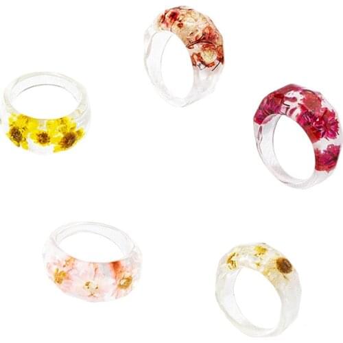 2021 Ins Transparent Acrylic Red Flower Dry Flowers Irregular Finger Rings Trendy Korean Fashion Women Party Jewelry