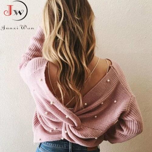2021 Women Back Criss Cross Beading Knitted Sweater Autumn Winter Elegant OL Warm Pullovers Fashion Solid Jumper Knitwear Pull