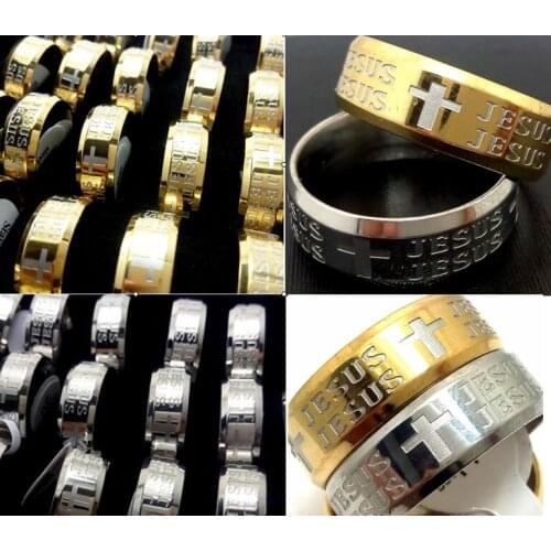 24pcs Gold & Silver Religious Ring Jesus Cross wedding band Stainless steel rings Wholesale Jewelry Xmas Gift