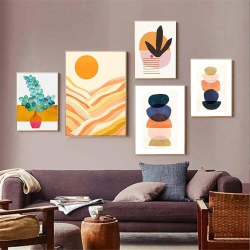 Abstract Sun Landscape Wall Art Canvas Painting Vintage Poster Leaf Color Block Prints Nordic Wall Pictures Living Room Decor
