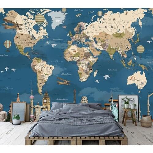 Bacal custom 3D wallpaper mural Retro nostalgia blue world map living room TV background wall silk cloth material wallpaper