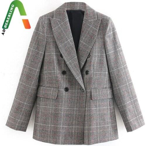 Adherebling Spring Autumn Checked Blazers Chic Long Sleeve Double Breasted Women Long Plaid Coats Office Lady Suit Jacket Tops